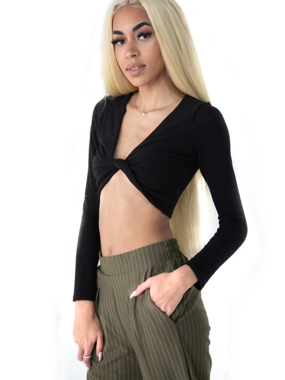 Black Twist-Front Long-Sleeve Crop Top - Women's